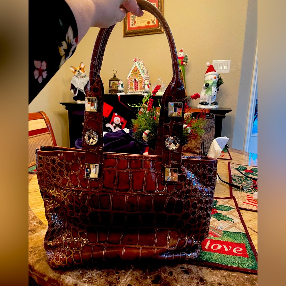 Raviani Brown Leather and Gold Croc Bag with Crystals EUC